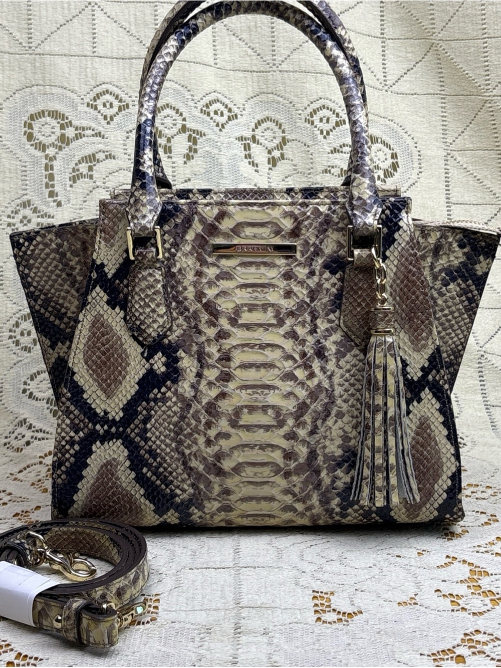 Brahmin Leather Mini Priscilla Python Latte Ballington Satchel Crossbody